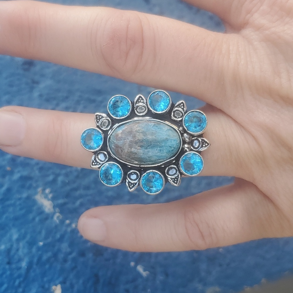New Blue Apatite & Blue Topaz 925 Silver Statement Ring. - Picture 5 of 14